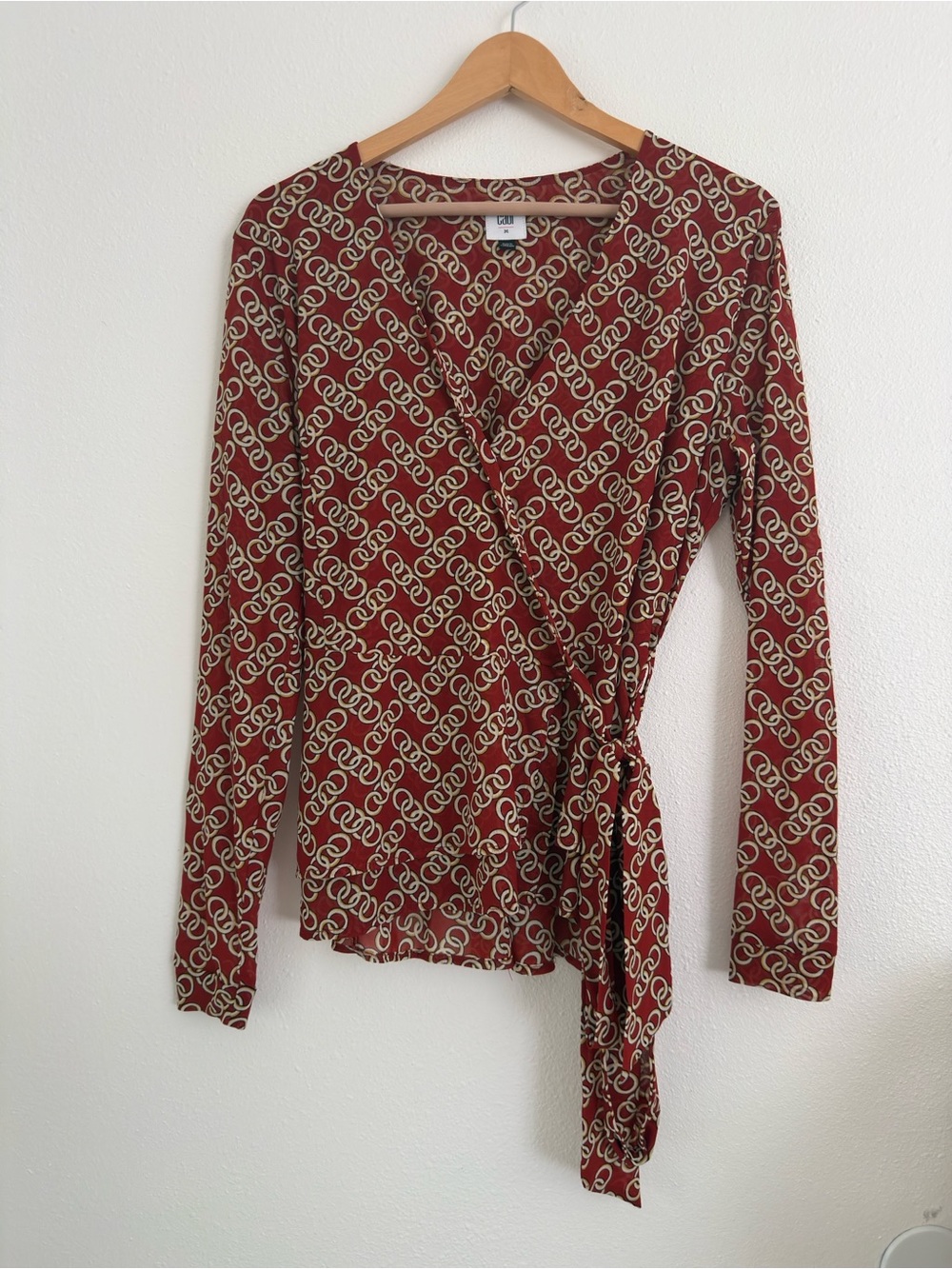 Cabi Burgundy Wrap Blouse with Chain Motif